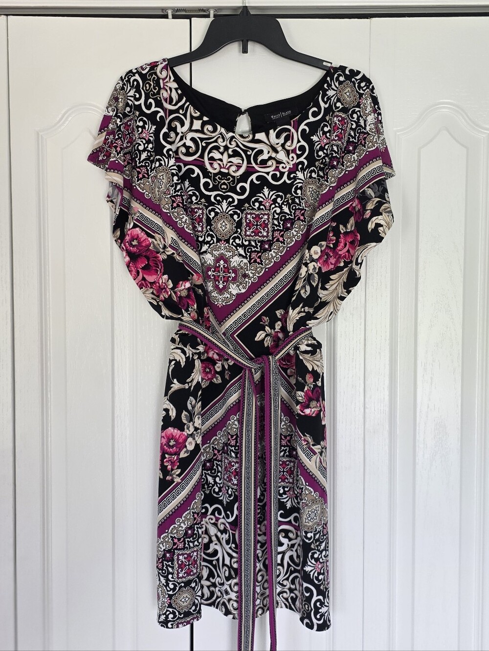 White House Black Market Black and Pink Floral Print Belted Mini Dress